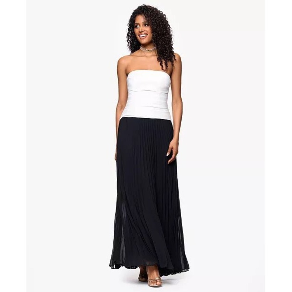 Betsy & Adam Strapless Pleated Two-Tone Maxi Gown White Black 6 NWT